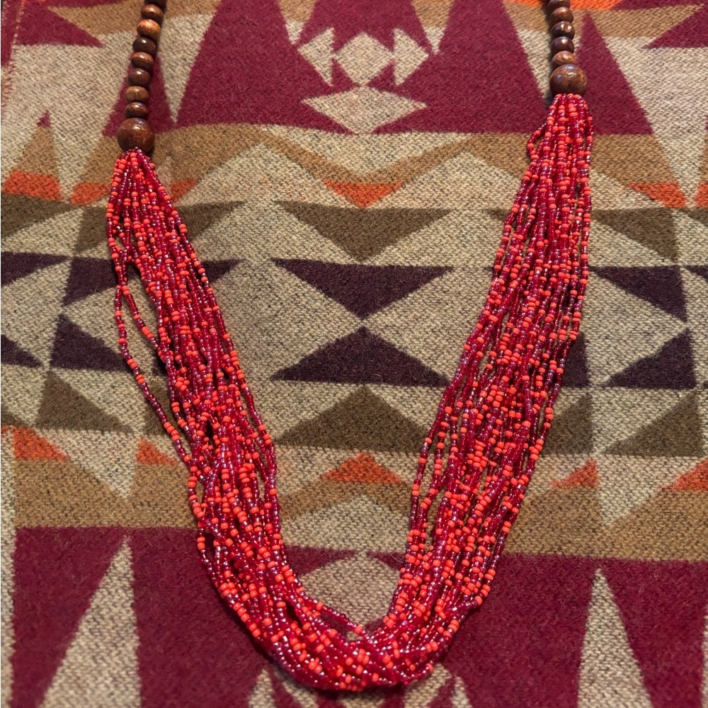 Multi Strand Red Glass Beaded Necklace with Larger Wooden Beads